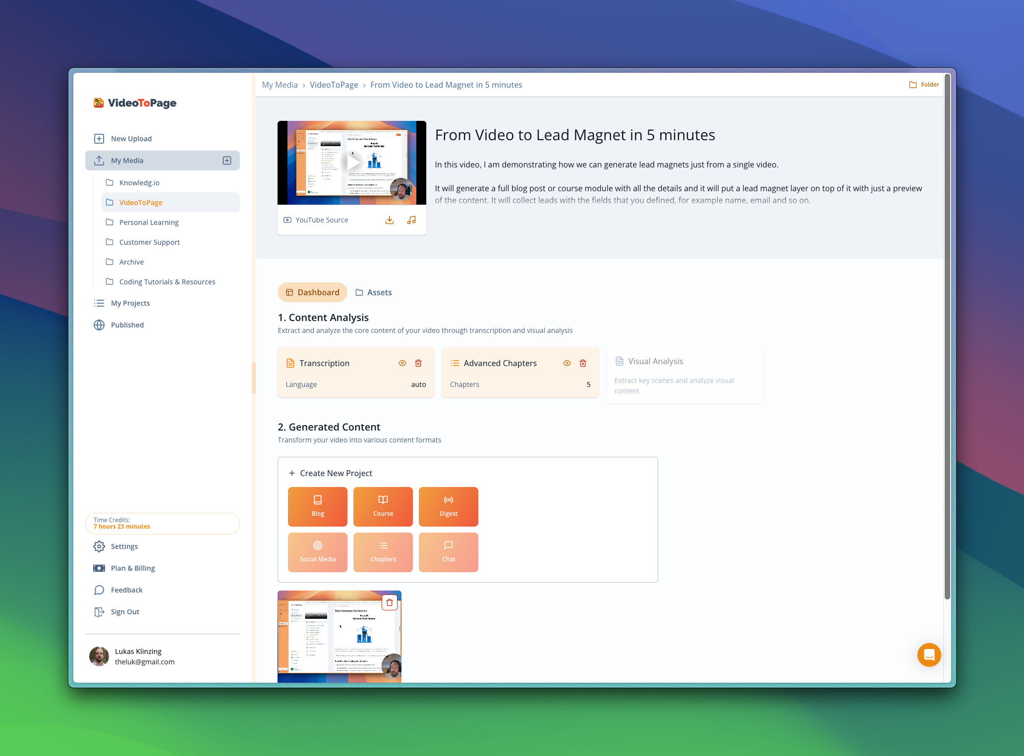 VideoToPage processing dashboard showing AI transcription, screenshot extraction, and outline generation in progress