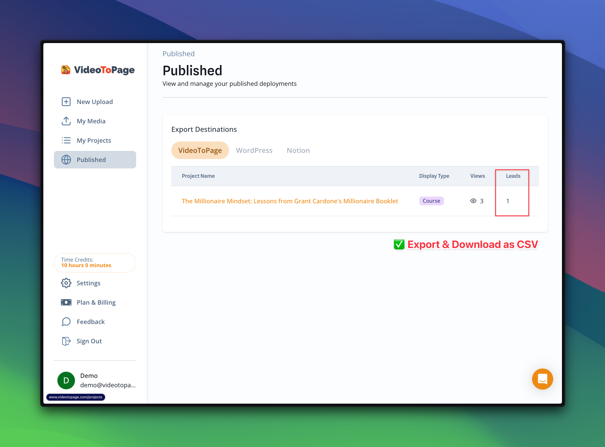 VideoToPage content library and publishing interface